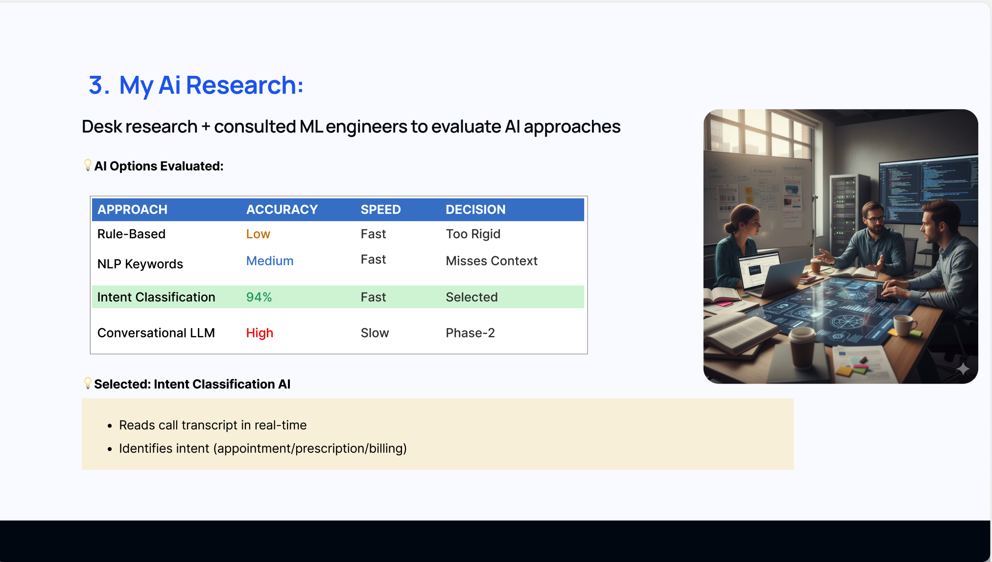 AI approach evaluation table comparing rule-based, NLP keyword, intent classification, and conversational LLM approaches