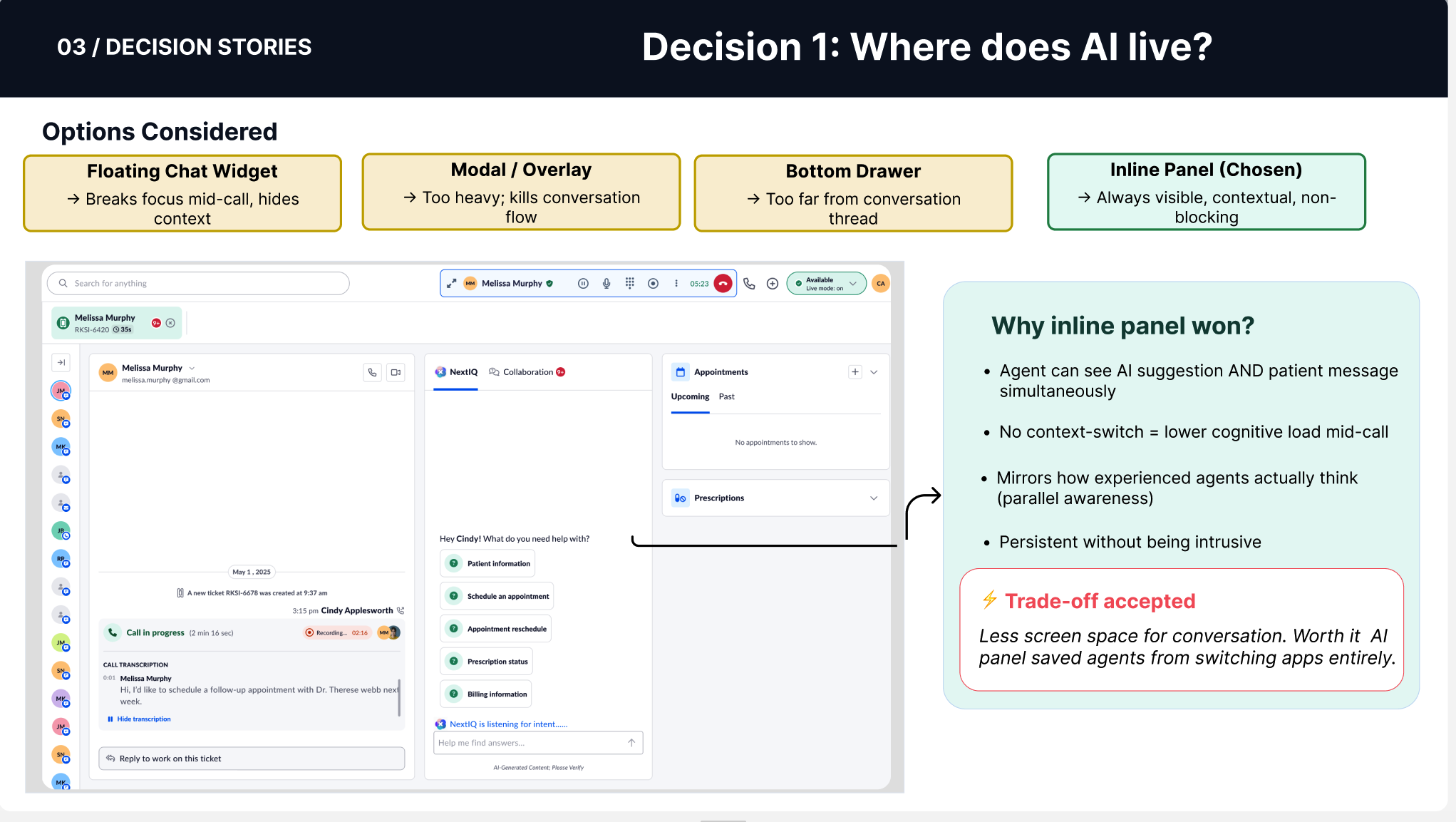 Options for where the AI lives: floating widget, modal overlay, bottom drawer, and the chosen inline panel