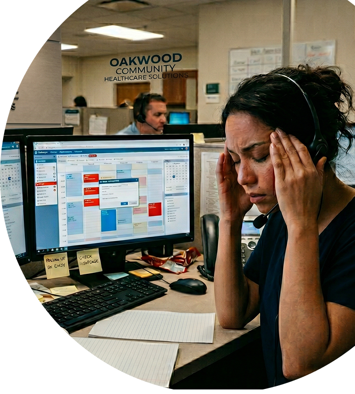 A front-desk healthcare agent, head in hands, at a desk with two monitors covered in sticky notes