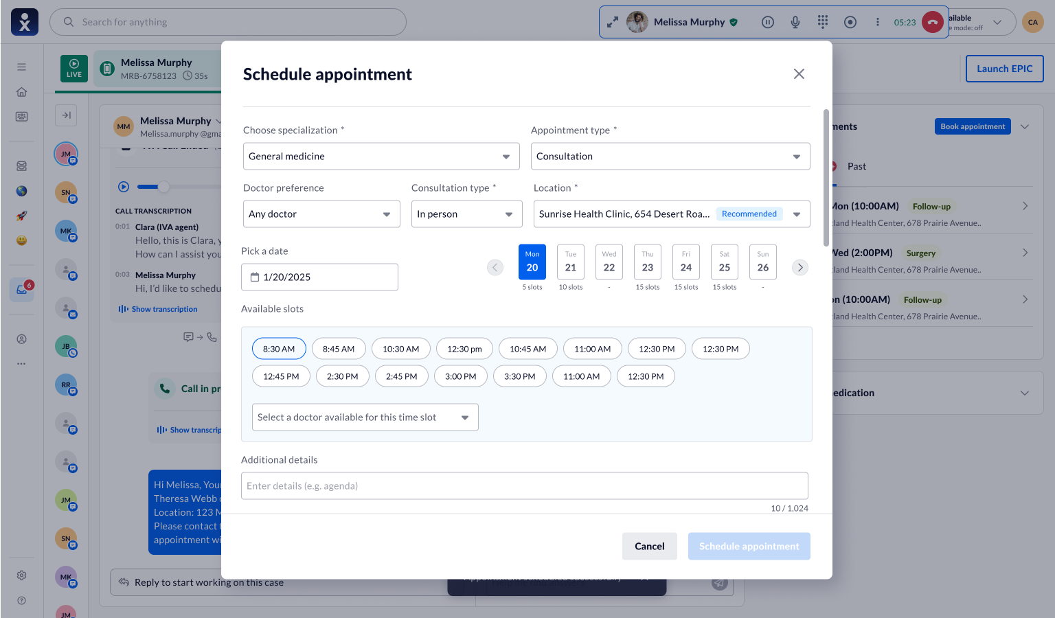 Schedule appointment modal, empty, with specialization, appointment type, doctor preference, consultation type, and location fields