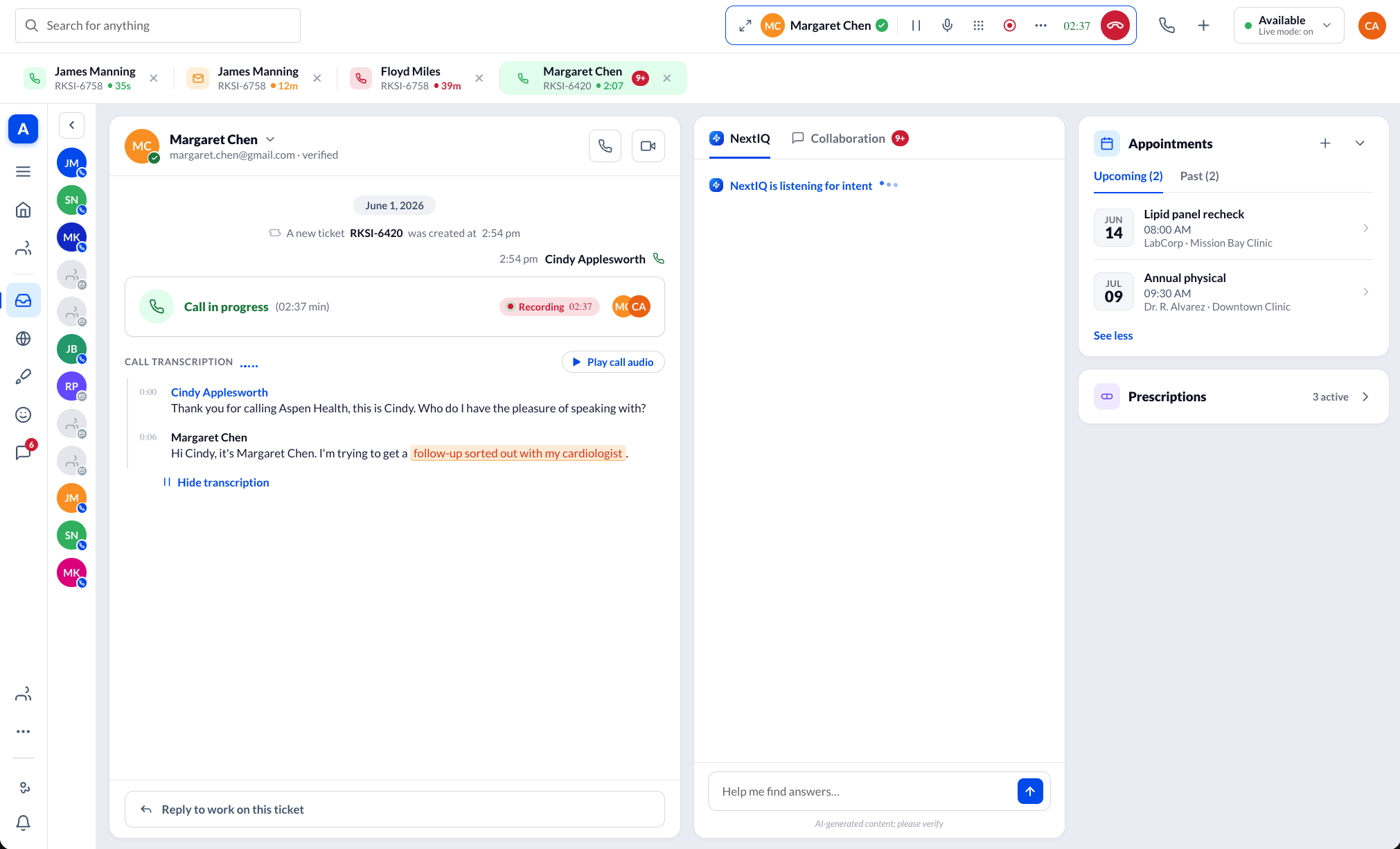 Call arrives already matched, transferred from the virtual assistant with caller identity in motion