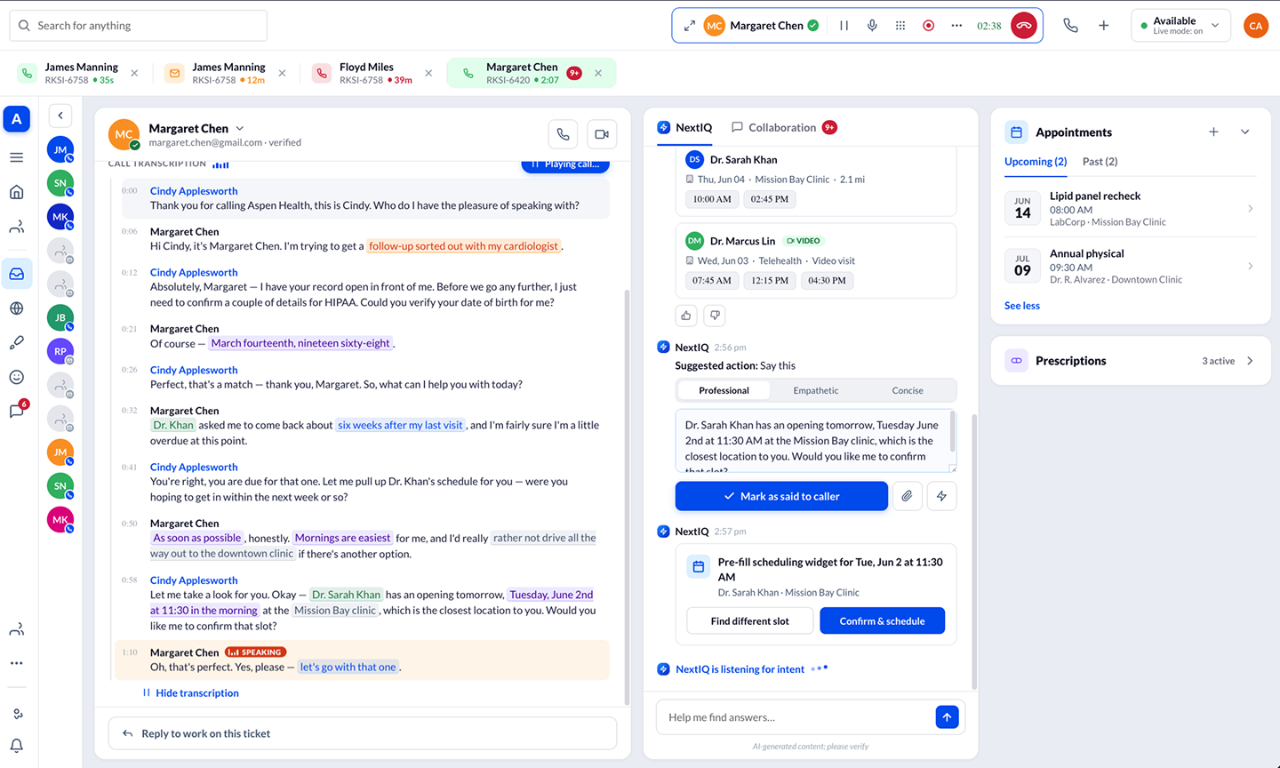 NextIQ drafts a suggested script and pre-fills the scheduling widget for the agent to confirm